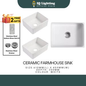 Ceramic Farmhouse Kitchen Sink 610mm Single Bowl Handmade Ceramic Sink Fireclay Reversible Farmhouse Apron-Front Kitchen