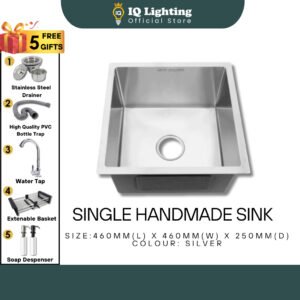 SINK NANO 304 Stainless Steel Handmade Single Sink (Silver) 460x460mm Dapur Bowl Kitchen Sink Basin Sinki Dapur Dishwash