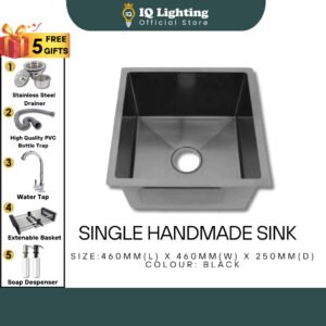 SINK NANO BLACK 304 Stainless Steel Nano Handmade Single Sink (Black) 460x460mm Dapur Bowl Kitchen Sink Basin Sinki Dapu