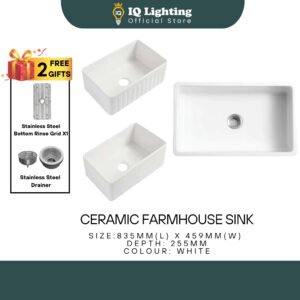 Ceramic Farmhouse Kitchen Sink 835mm Single Bowl Handmade Ceramic Sink Fireclay Reversible Farmhouse Apron-Front Kitchen