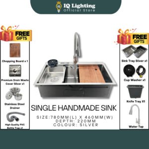 STAINLESS STEEL 304 SINGLE BOWL SILVER & NANO BLACK HANDMADE WORKSTATION KITCHEN SINK 780MM WITH PULL-OUT WATER TAP CHO